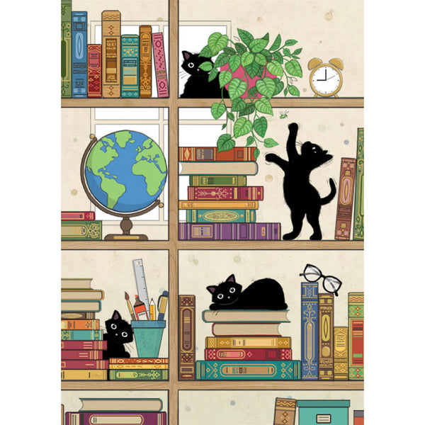 Bug Art Bookcase Kitties Greetings Card