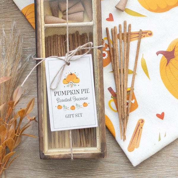 Pumpkin pie scented incense bundle set with decorative packaging and incense holder.