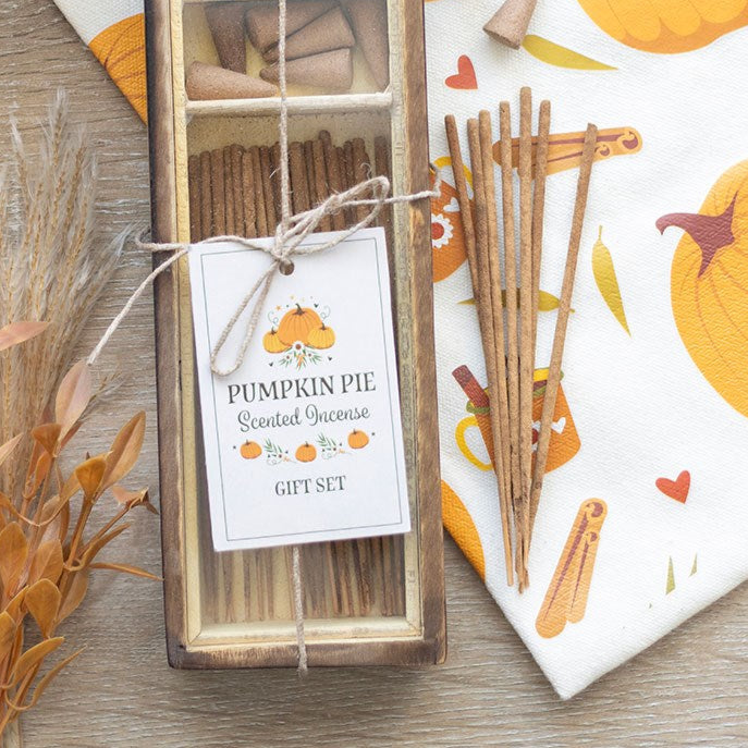 Pumpkin pie scented incense bundle set with decorative packaging and incense holder.