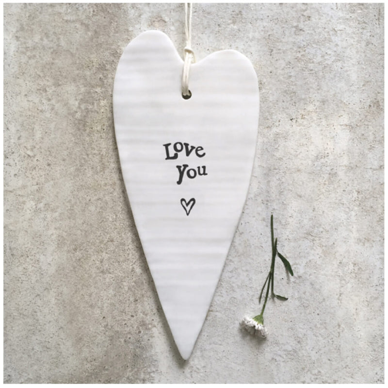 East of India Porcelain Hanging Long Heart - Love You