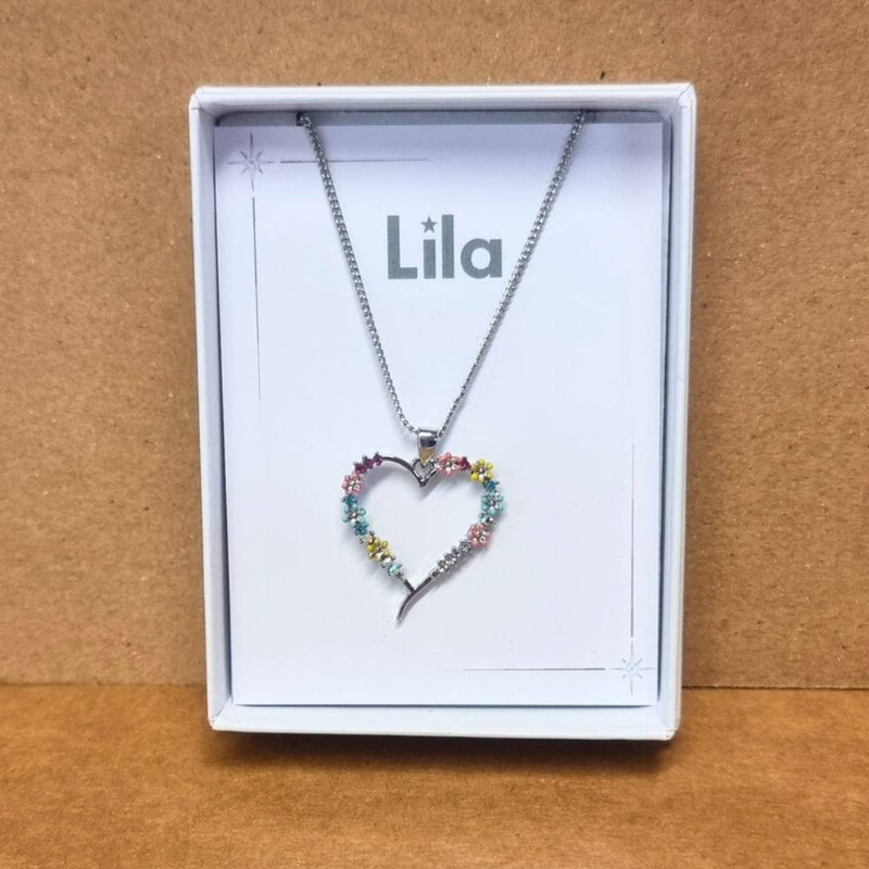 Heart Flowers Rhodium Pendant Necklace