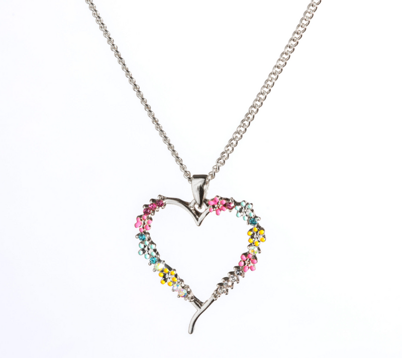 Heart Flowers Rhodium Pendant Necklace