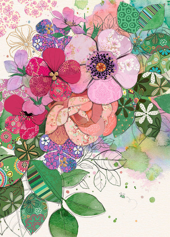 Bug Art Pink Flowers Greetings Card