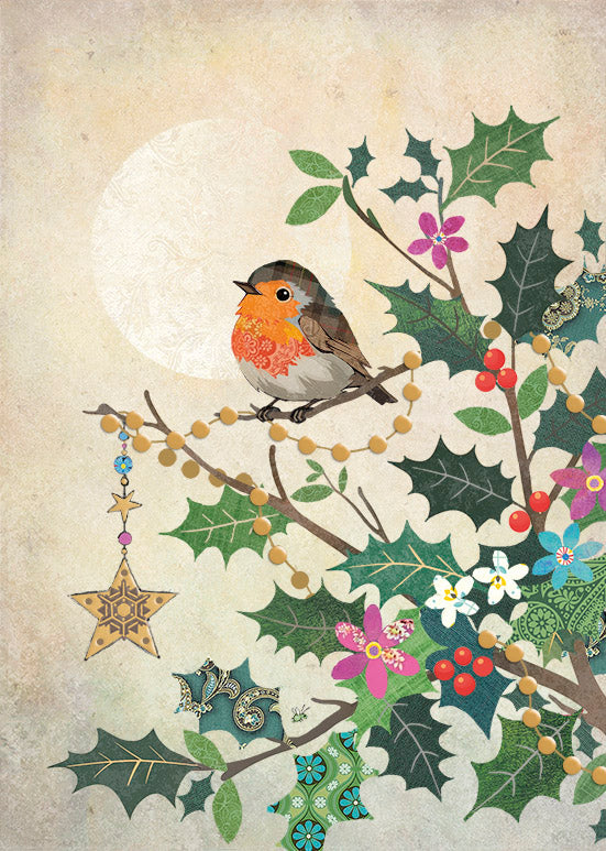 Bug Art Robin Holly Branch Christmas Card