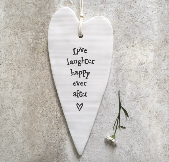 East of India Porcelain Hanging Long Heart - Love & Laughter