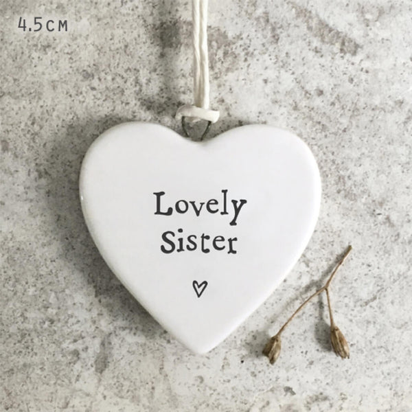 East of India Small Porcelain Hanging Heart - Lovely Sister