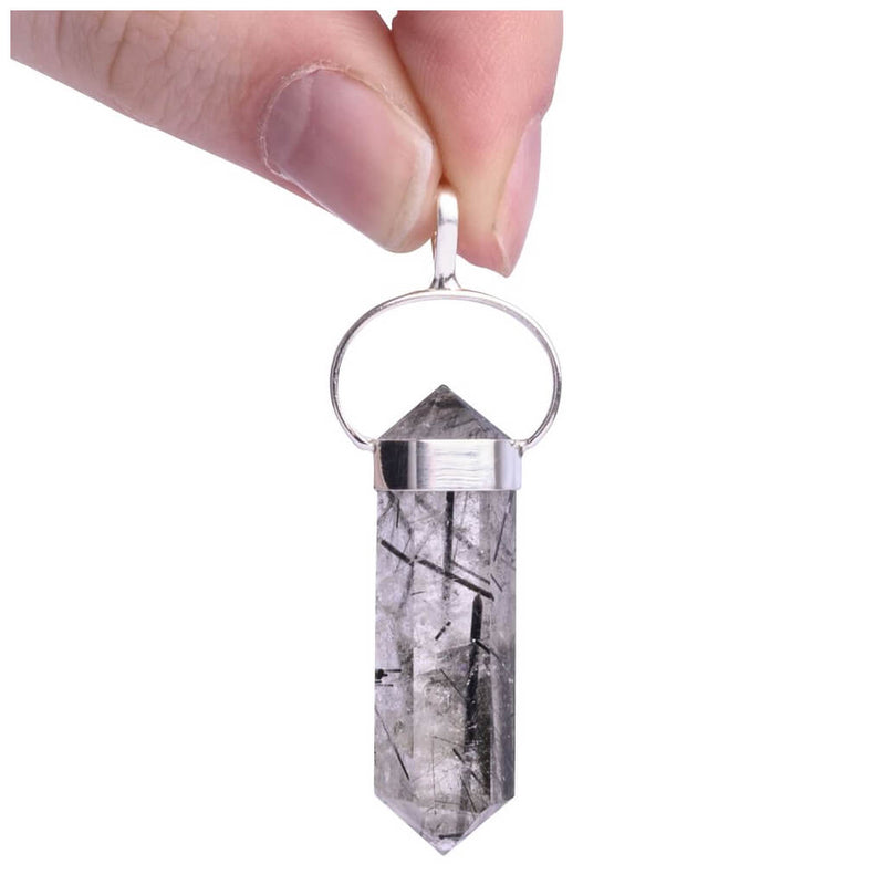 Tourmalinated Quartz Sterling Silver Double Terminated Point Pendant