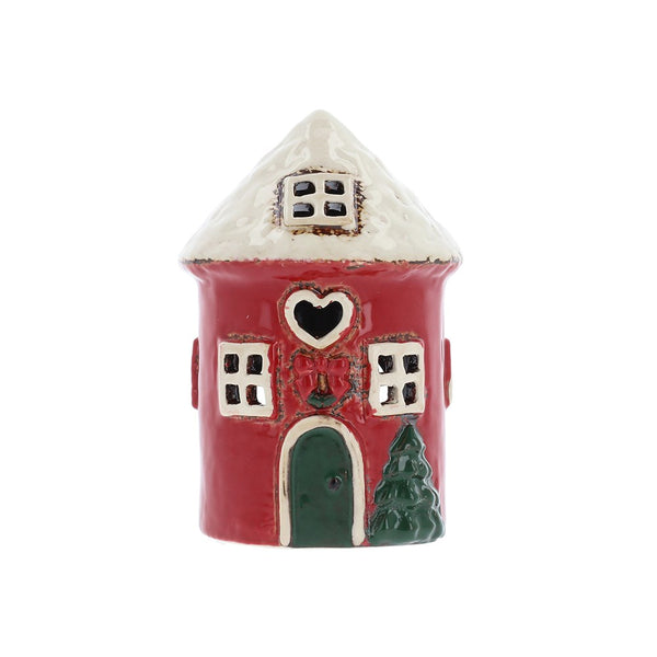 Village Pottery Christmas Red Round Mini House Tealight Holder