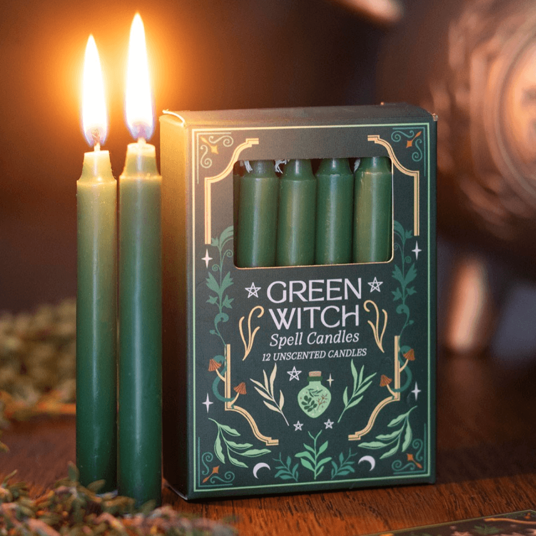 Green Witch Spell Candles | 12 Pack Unscented Ritual Candles | Clouds