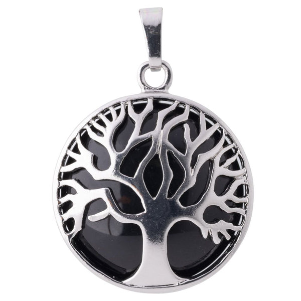 Black Agate Tree of Life Chrome Plated Pendant