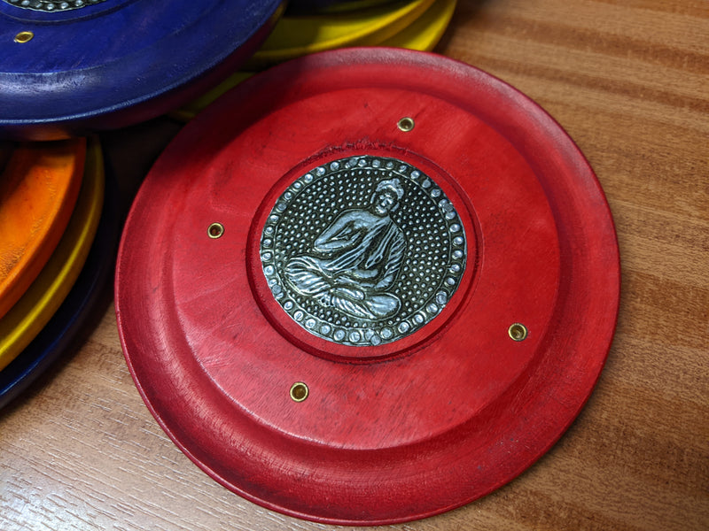 Coloured Round Wooden Incense Holder - Buddha